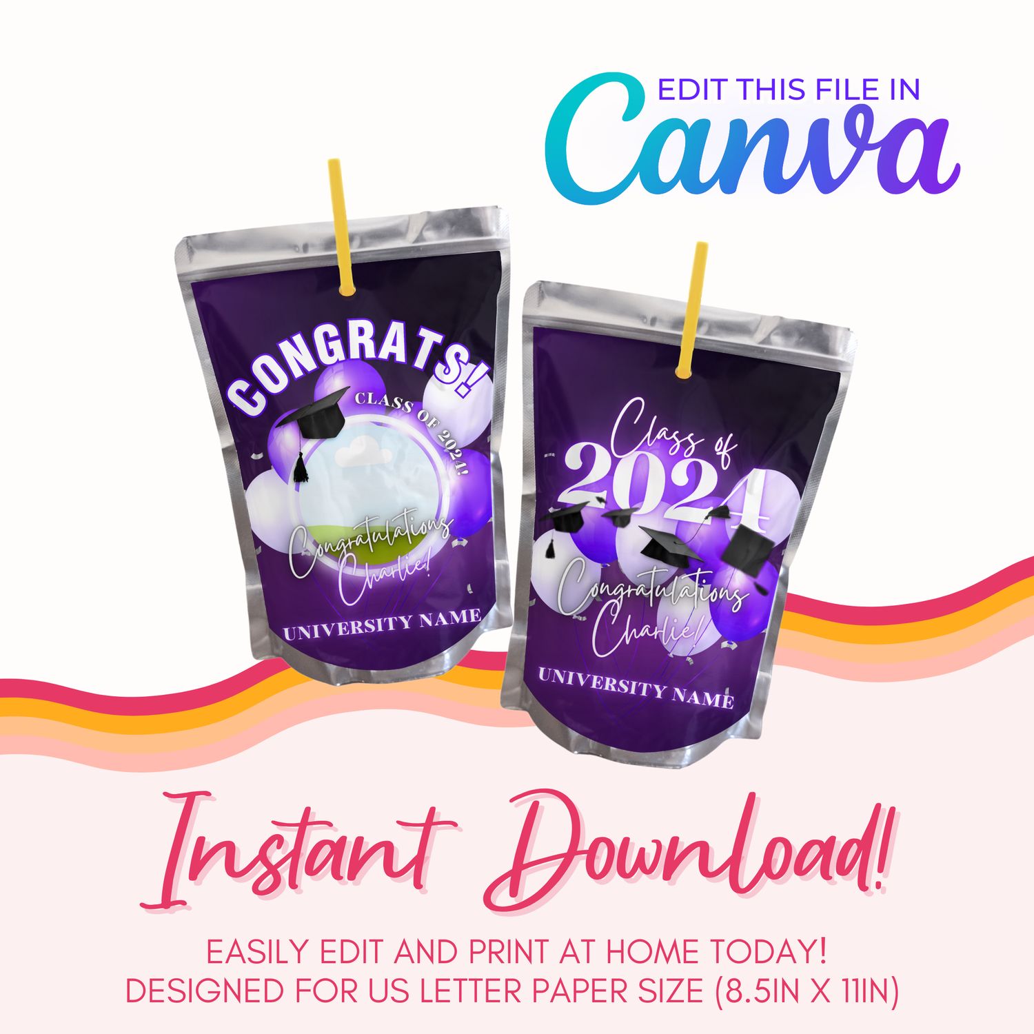Graduation Juice Pouch Canva Template: Purple &amp; White
