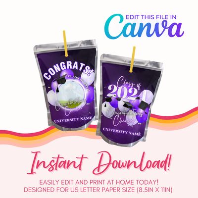 Graduation Juice Pouch Canva Template: Purple &amp; White