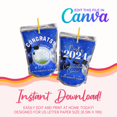 Graduation Juice Pouch Canva Template: Blue &amp; Silver