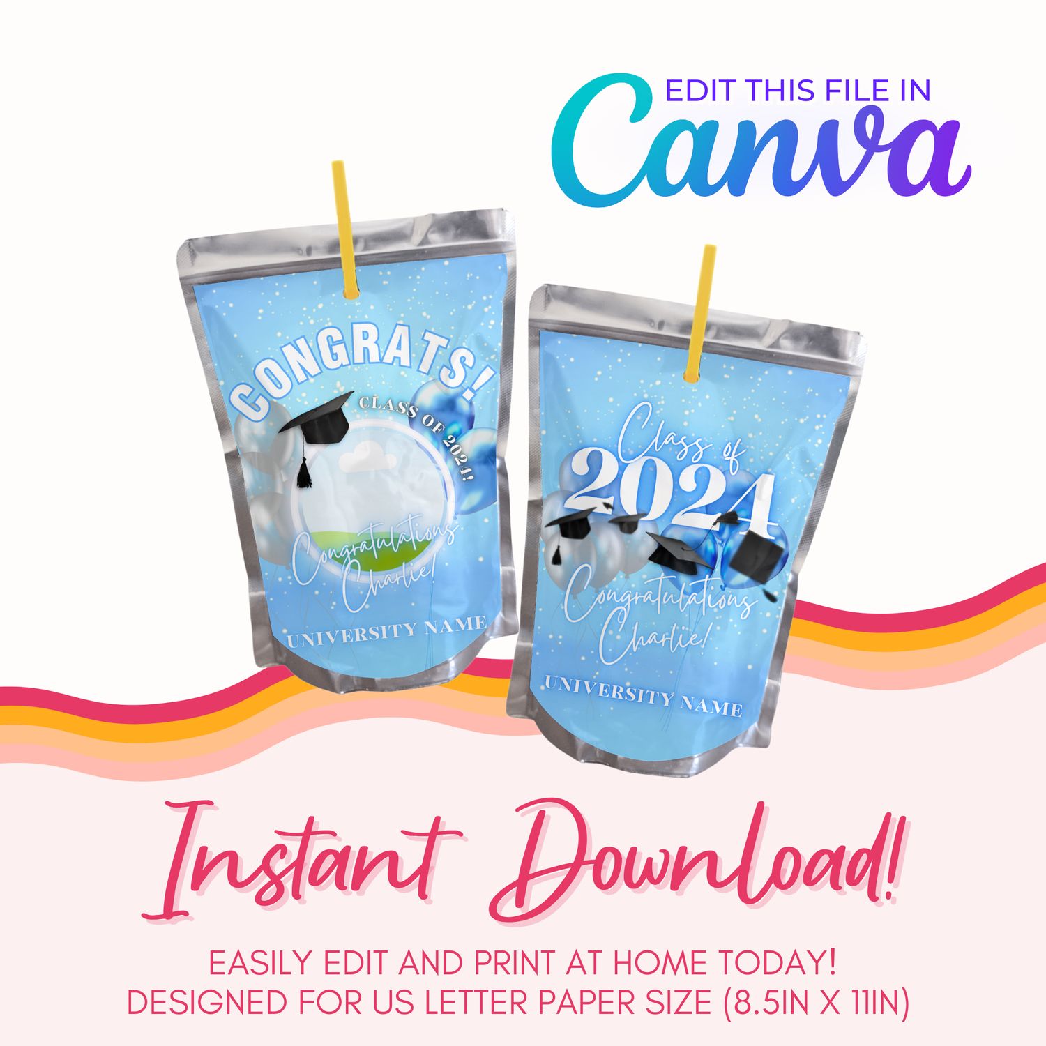 Graduation Juice Pouch Canva Template: Light Blue