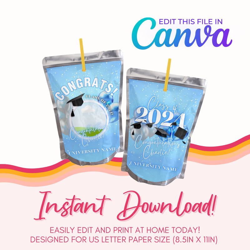 Graduation Juice Pouch Canva Template: Light Blue