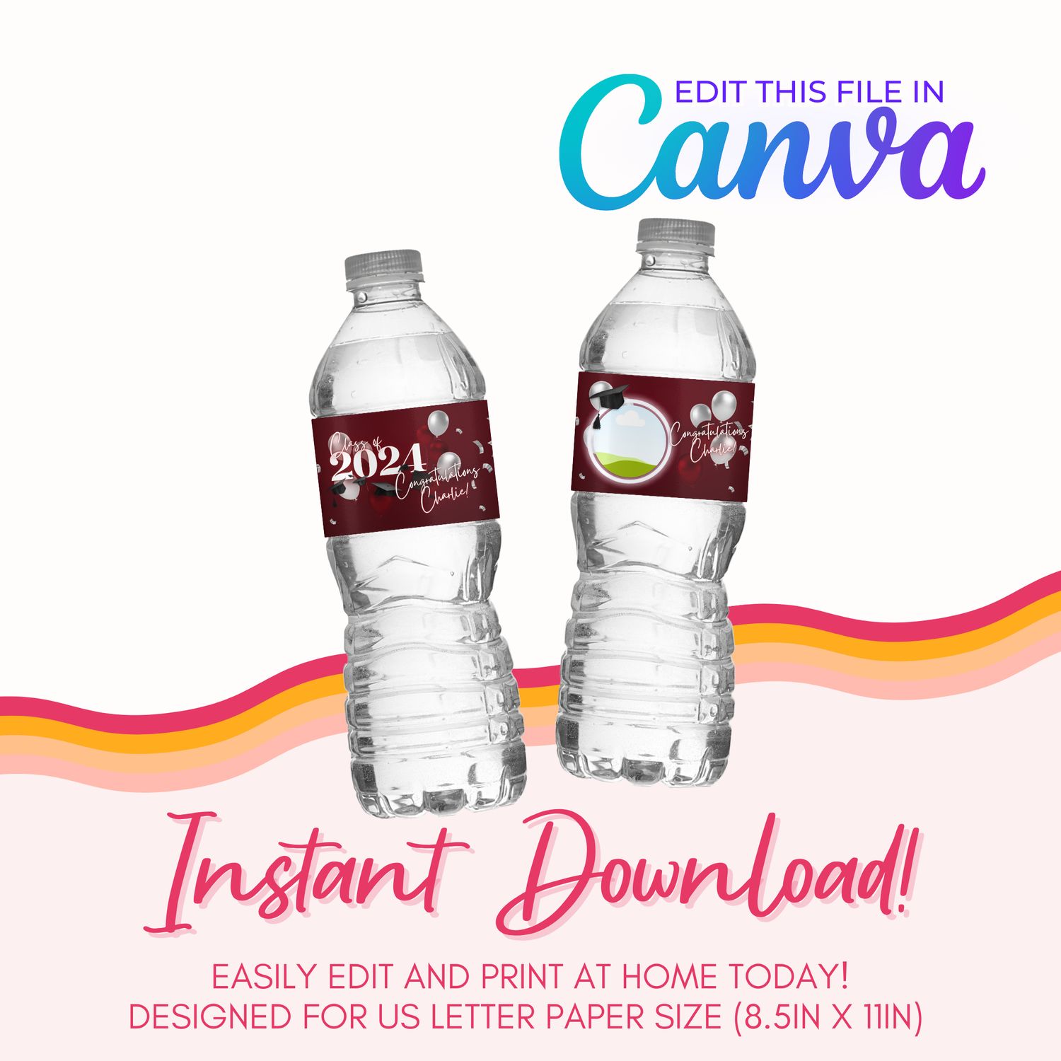 Water Bottle Label Template: Burgundy and Silver