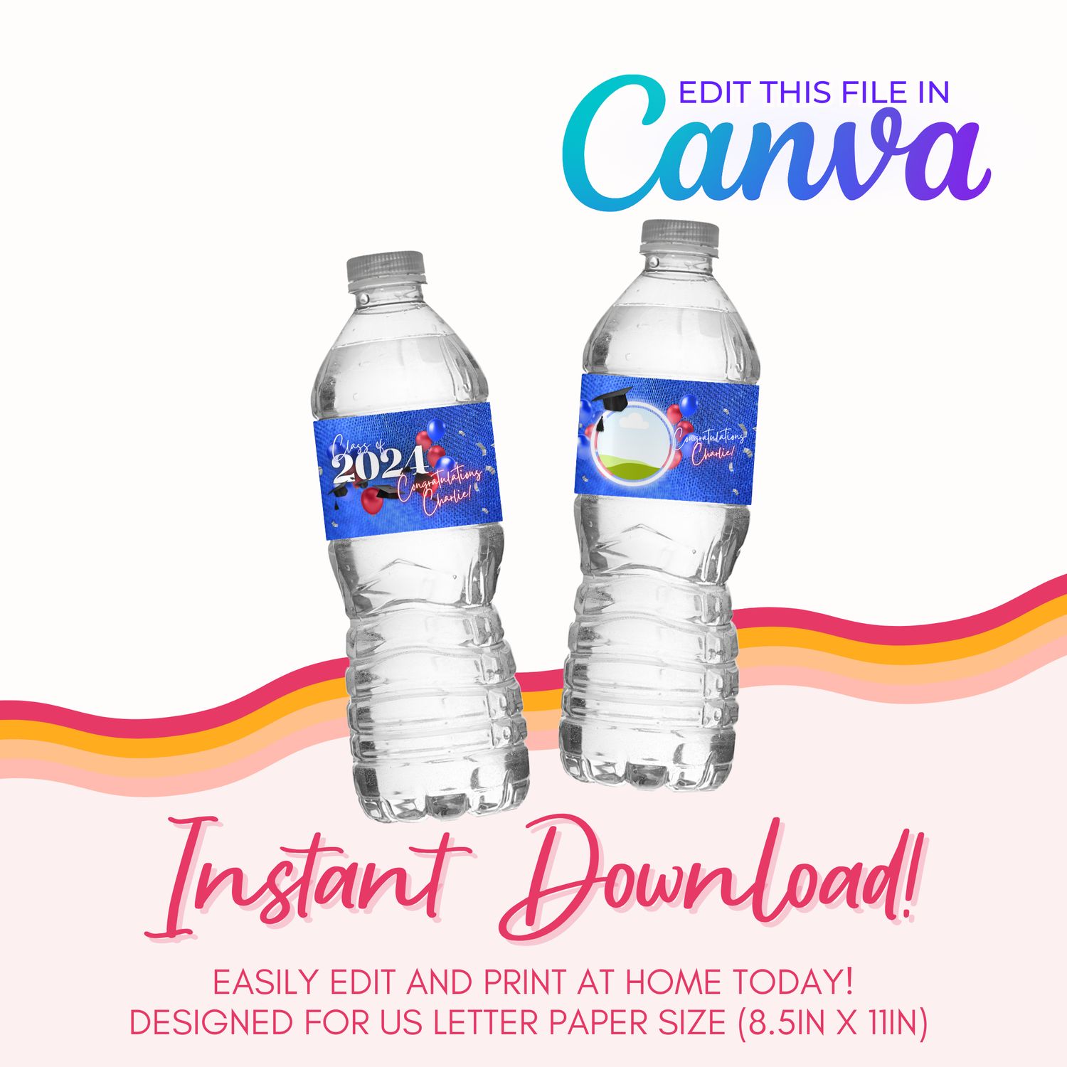 Water Bottle Label Template: Blue and Red