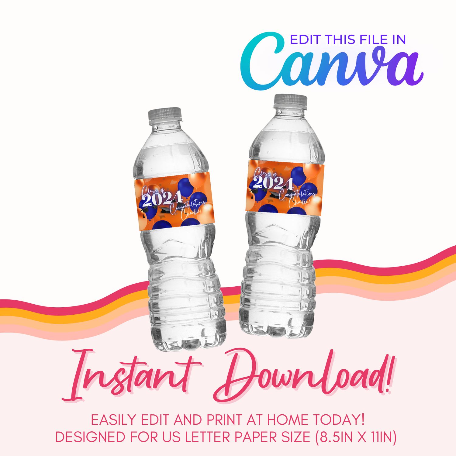 Water Bottle Label Template: Orange and Blue