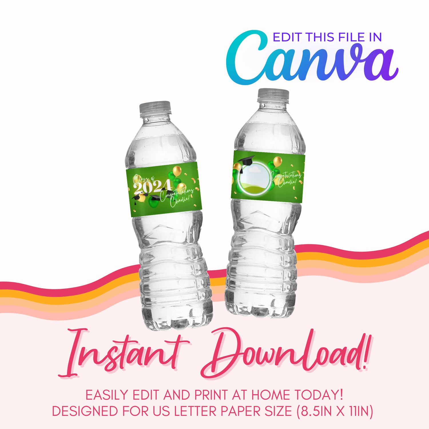 Water Bottle Label Template: Green and Gold