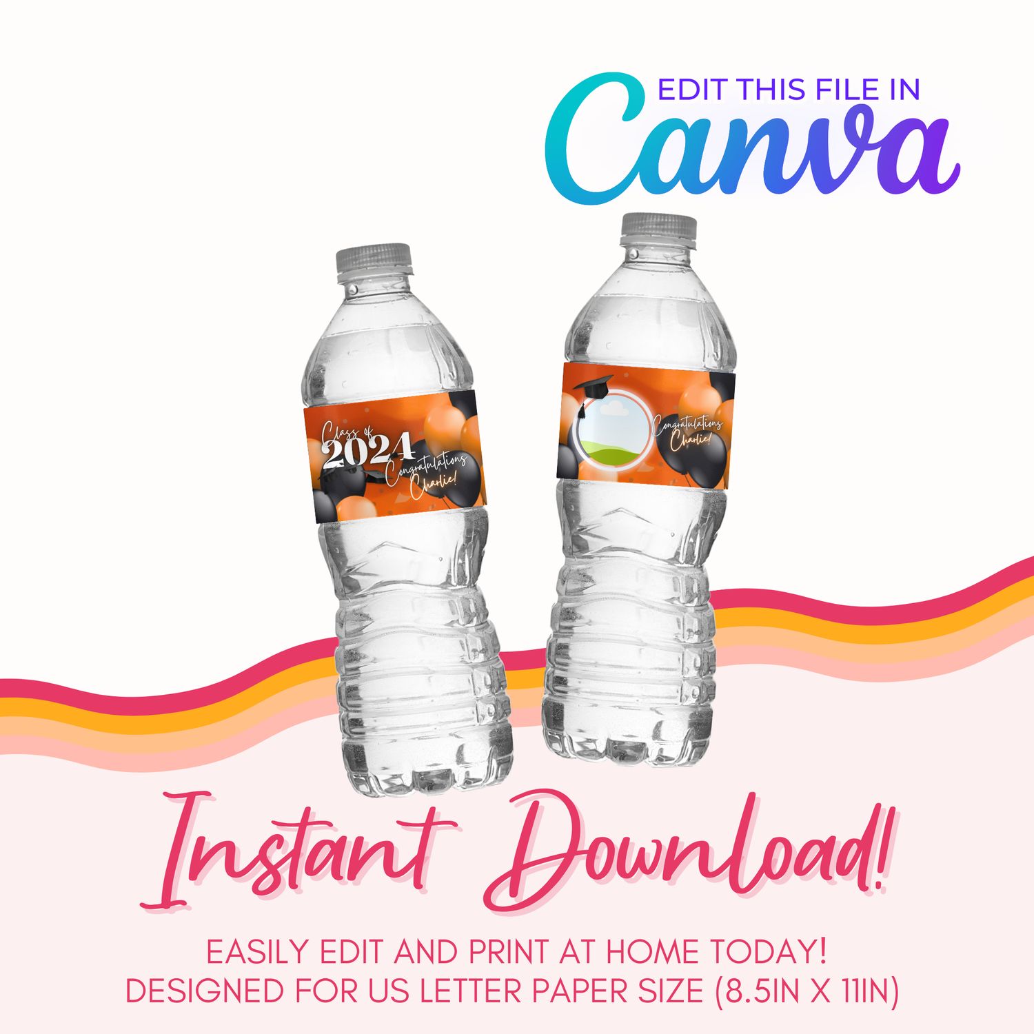 Water Bottle Label Template: Orange and Black