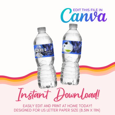 Water Bottle Label Template: Blue and Silver