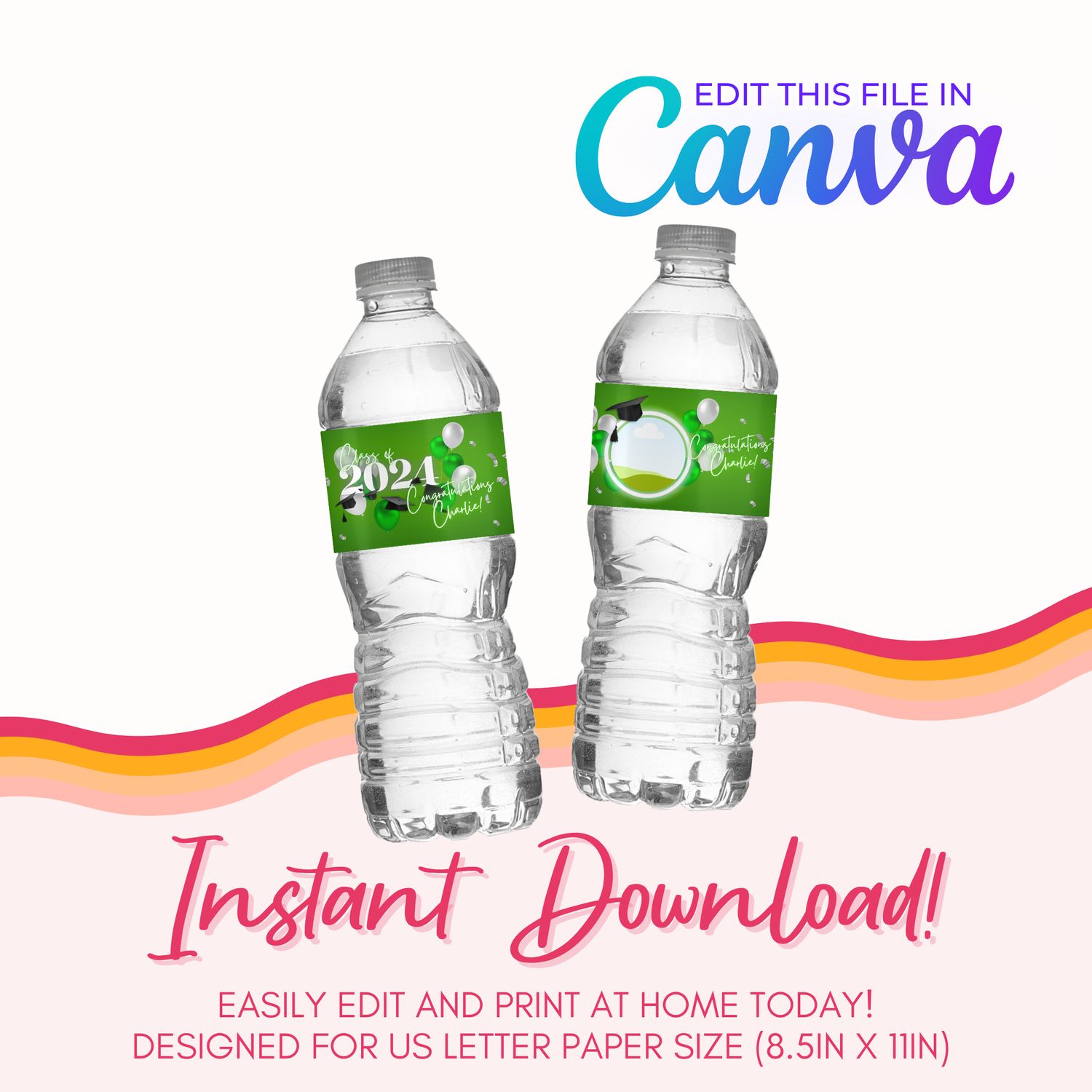 Water Bottle Label Template: Green and Silver