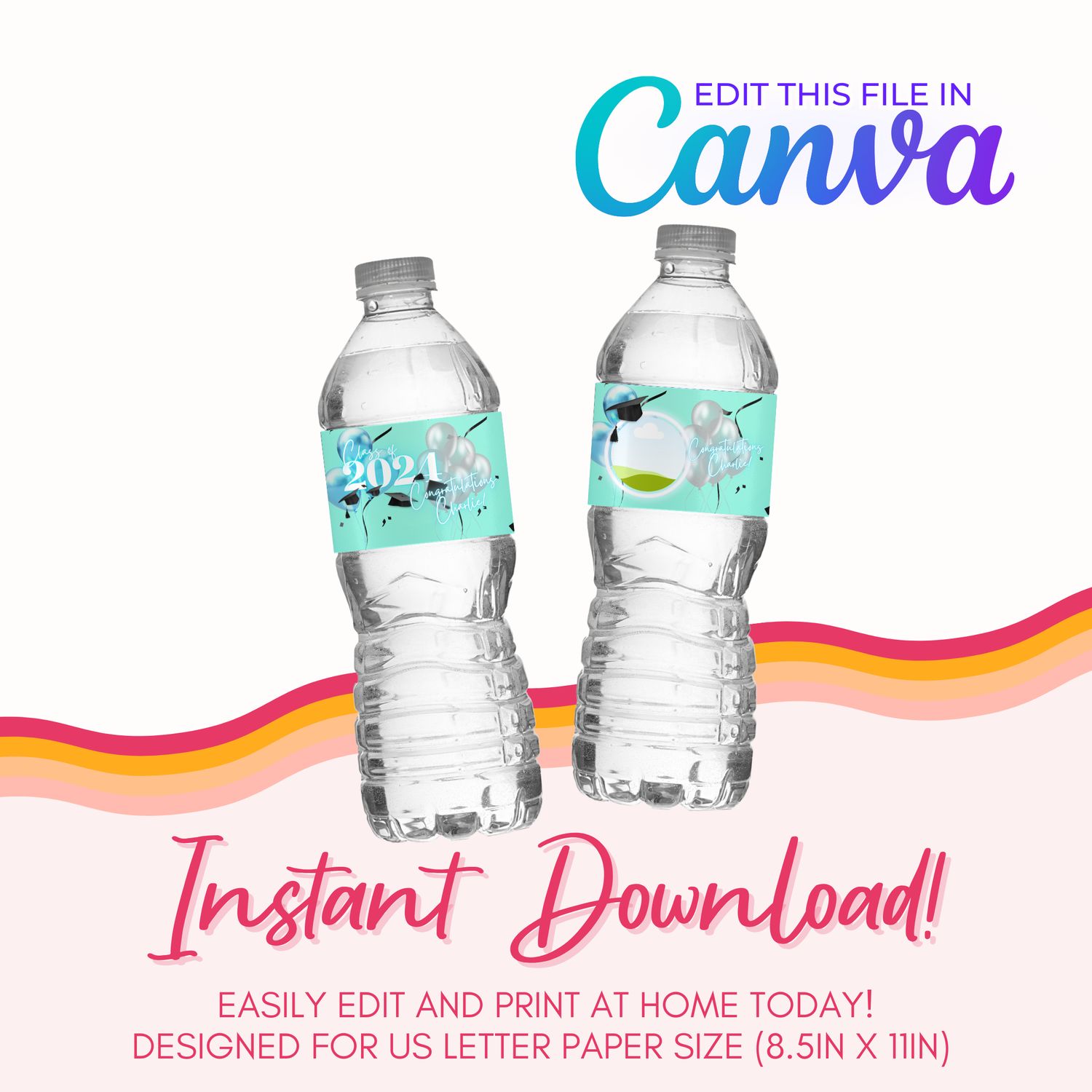 Water Bottle Label Template: Teal and Black