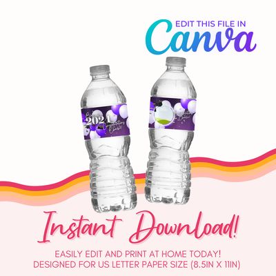 Water Bottle Label Template: Purple and White