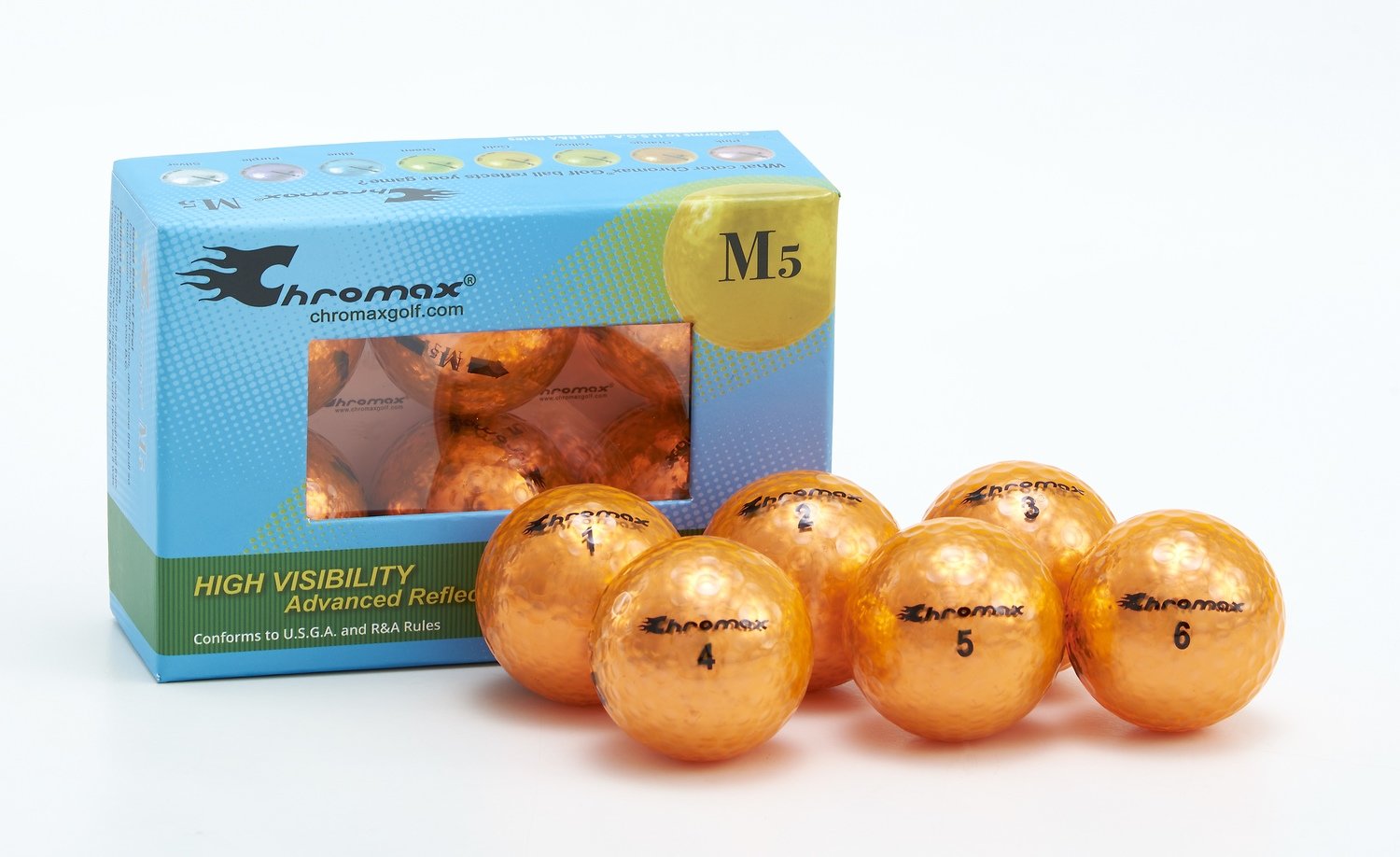 Chromax orange golf ball M5 6-pack open