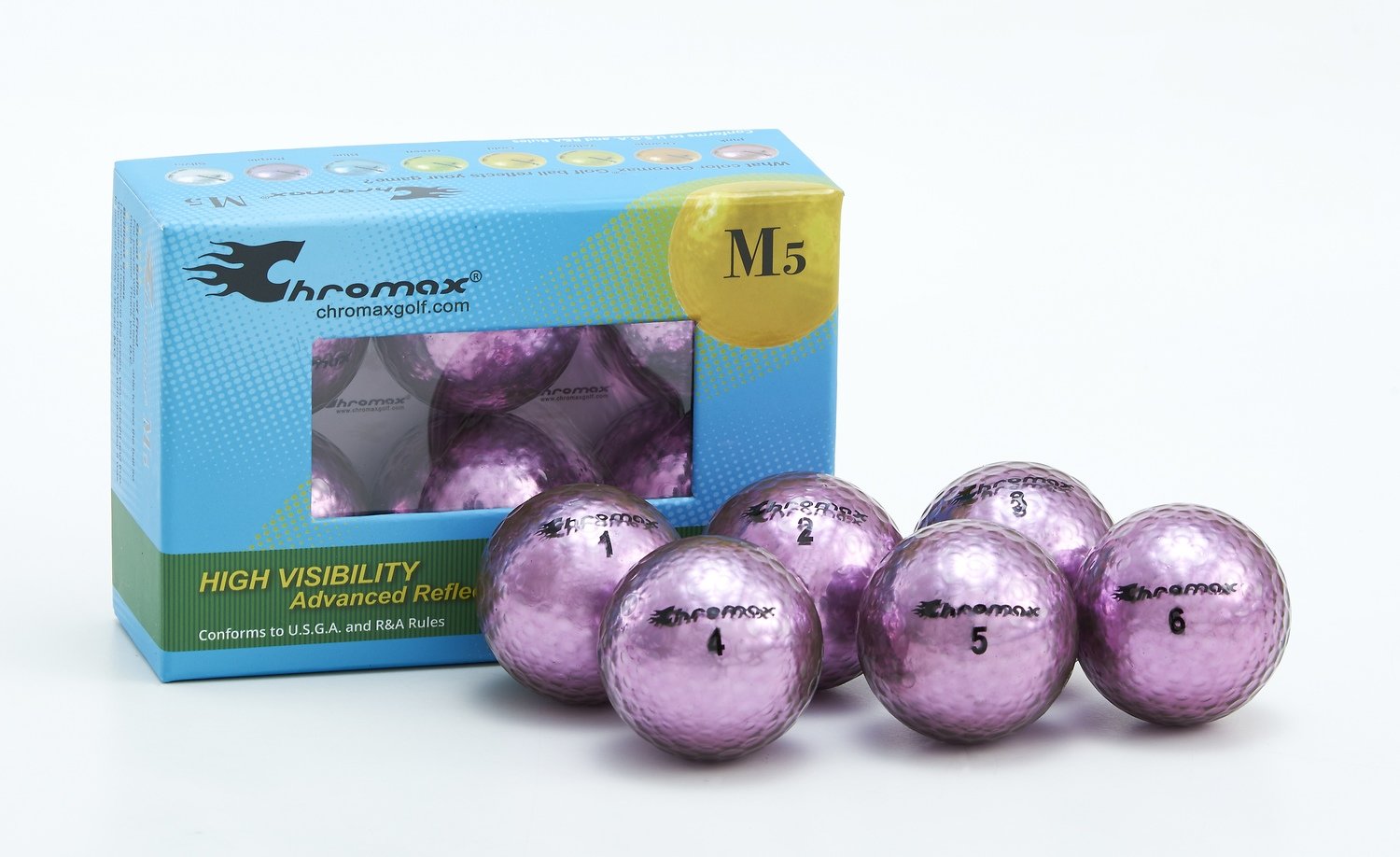 Chromax purple golf ball M5 6-pack open
