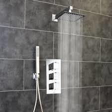 THERMOSTATIC TRIPLE SQUARE CONTROL SHOWER VALVE WITH MONSOON RAIN HEAD AND FLEXI HANDSPRAY