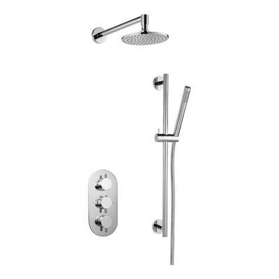THERMOSTATIC TRIPLE ROUND 2 MODE SHOWER VALVE WITH MONSOON RAIN HEAD AND FLEXI HANDSPRAY