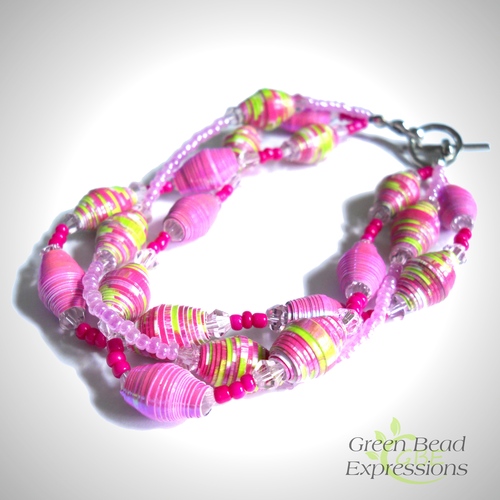 Pink and green triple strand bracelet