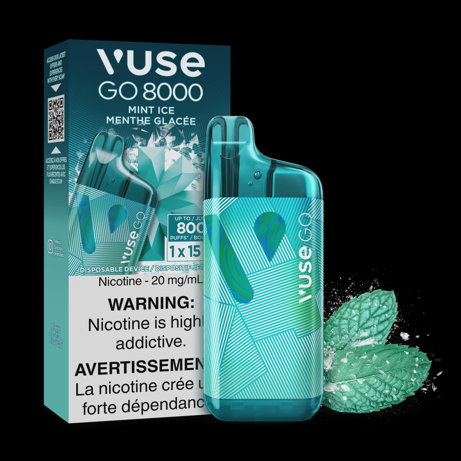 VUSE GO (8000 PUFFS) RECHARABLE- ONTARIO, FLAVOURS: MINT ICE