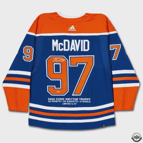Connor McDavid Autographed 2023-24 Edmonton Oilers Stanley Cup Final Patch with Conn Smythe Postseason Embroidery Blue Authentic Adidas Jersey