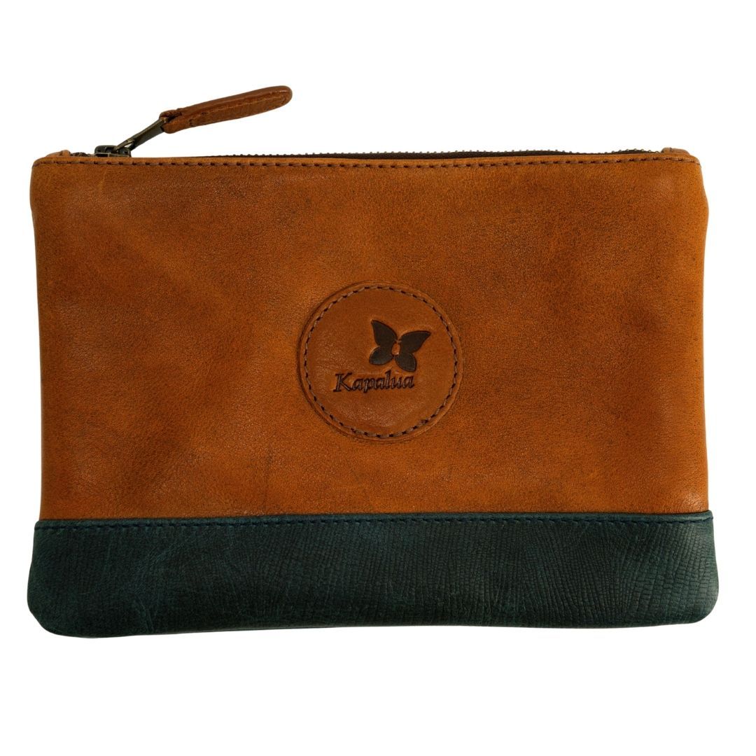 KAPALUA LEATHER ZIPPER POUCH W/ CUSTOM BUTTERFLY LINER
