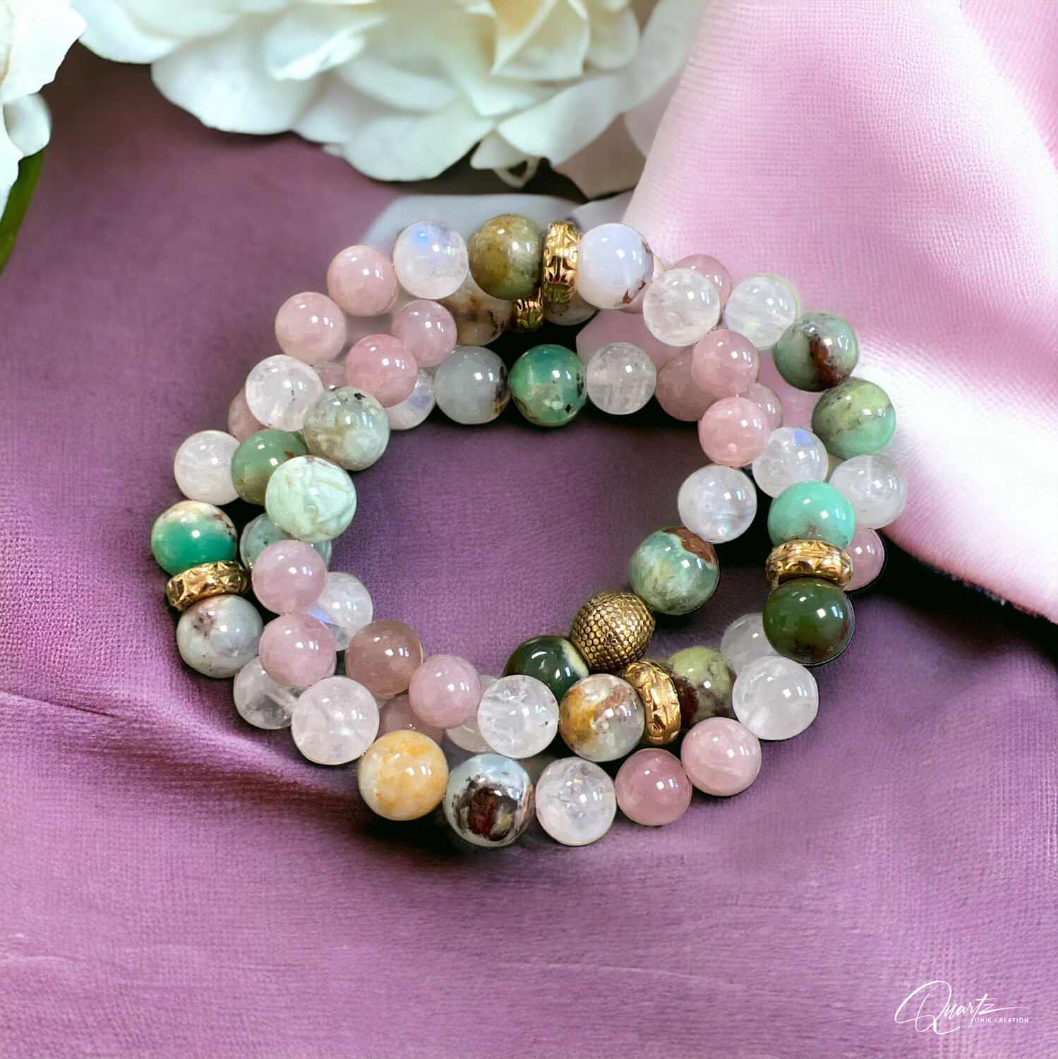 Triple bracelet en chrysoprase, pierre de lune et quartz rose