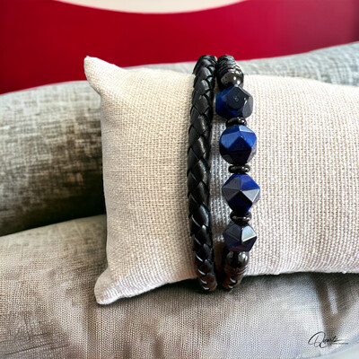 Bracelet en cuir et lapis-lazuli facetté