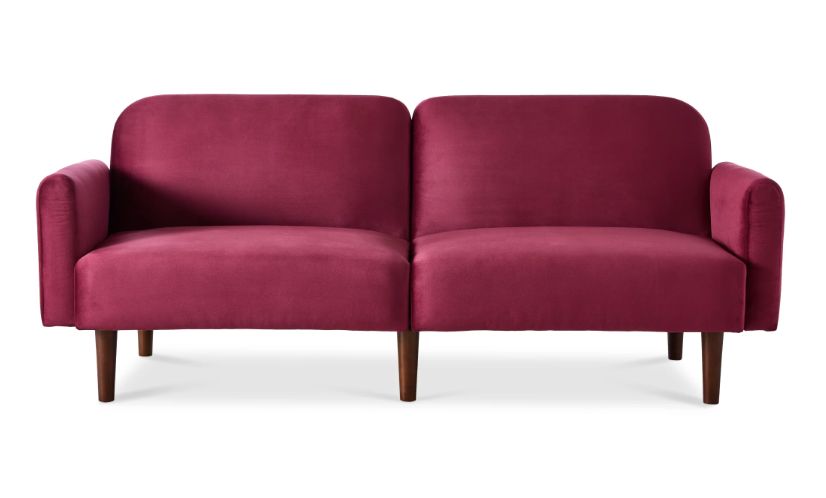 Best Choice Products Curved Convertible Futon, Velvet Fabric Split-Back Sleeper Bed - Raspberry