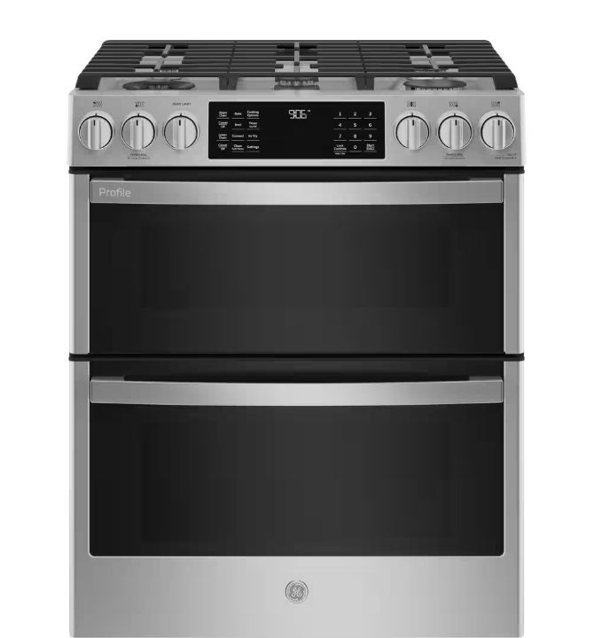 GE: Profile 30 in. 5 Burner Smart Slide-In Double Oven Gas Range in Fingerprint Resistant Stainless with True Convection