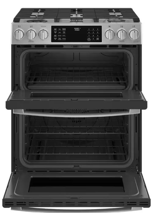 GE: Profile 30 in. 5 Burner Smart Slide-In Double Oven Gas Range in Fingerprint Resistant Stainless with True Convection