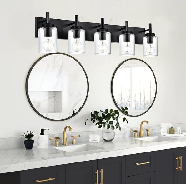 5-Light Vanity Bath Light in Black, Modern Bathroom Light with Clear Glass