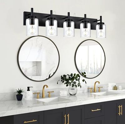 5-Light Vanity Bath Light in Black, Modern Bathroom Light with Clear Glass