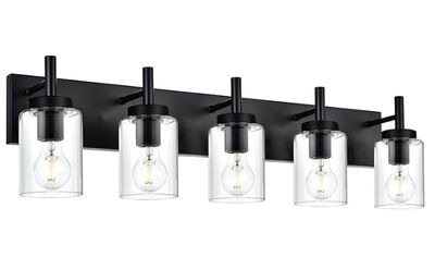 5-Light Vanity Bath Light in Black, Modern Bathroom Light with Clear Glass