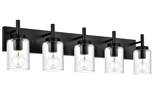 5-Light Vanity Bath Light in Black, Modern Bathroom Light with Clear Glass
