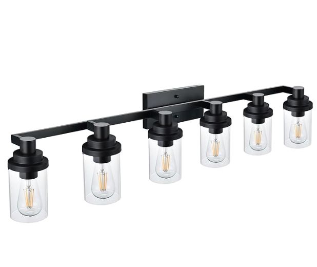 6-Light Vanity Lighting Fixtures, Farmhouse Bathroom Light Fixtures in Matte Black Finish with Clear Glass Shade