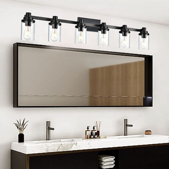 6-Light Vanity Lighting Fixtures, Farmhouse Bathroom Light Fixtures in Matte Black Finish with Clear Glass Shade