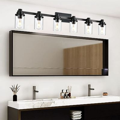 6-Light Vanity Lighting Fixtures, Farmhouse Bathroom Light Fixtures in Matte Black Finish with Clear Glass Shade