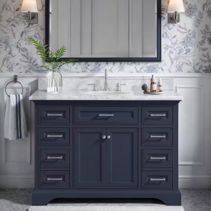 Windlowe 49 in. Single Sink Navy Blue Bath Vanity with White Carrara White Marble Top (Assembled)