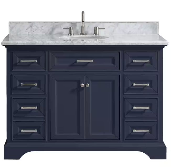 Windlowe 49 in. Single Sink Navy Blue Bath Vanity with White Carrara White Marble Top (Assembled), Color: Navy Blue