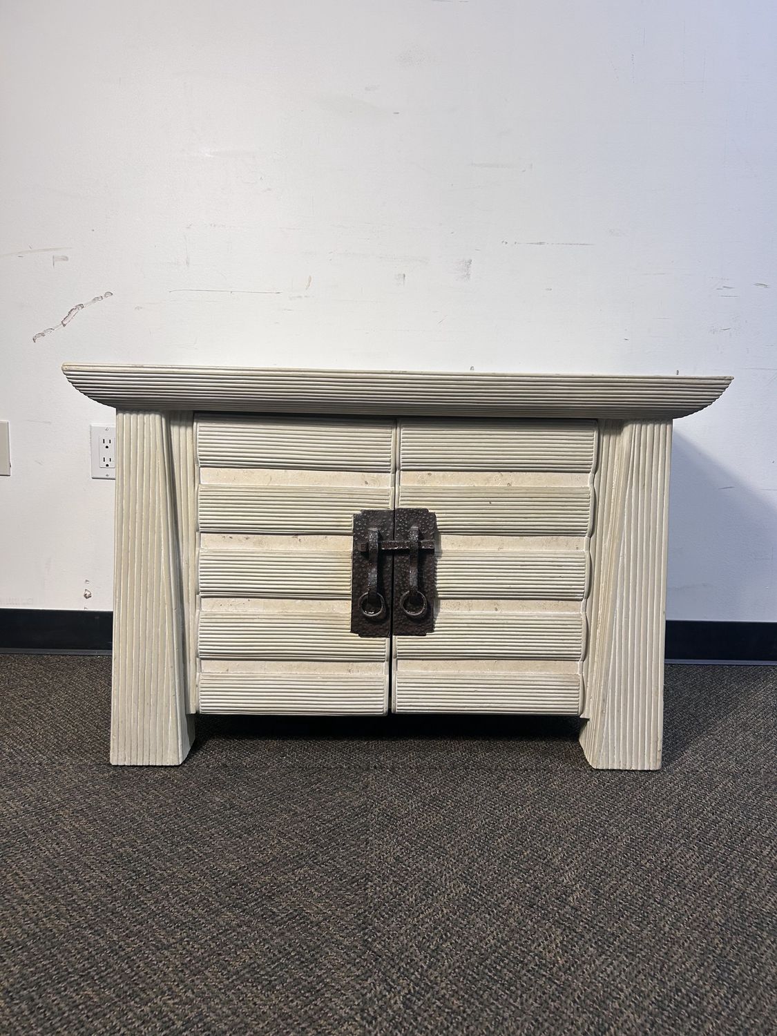 Post Modern Pencil Reed &amp; Travertine Pagoda Commodes (set of 2)