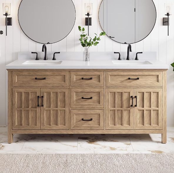 Cantrell 72-in Clear Oak Undermount Double Sink Bathroom Vanity with White Engineered Stone Top