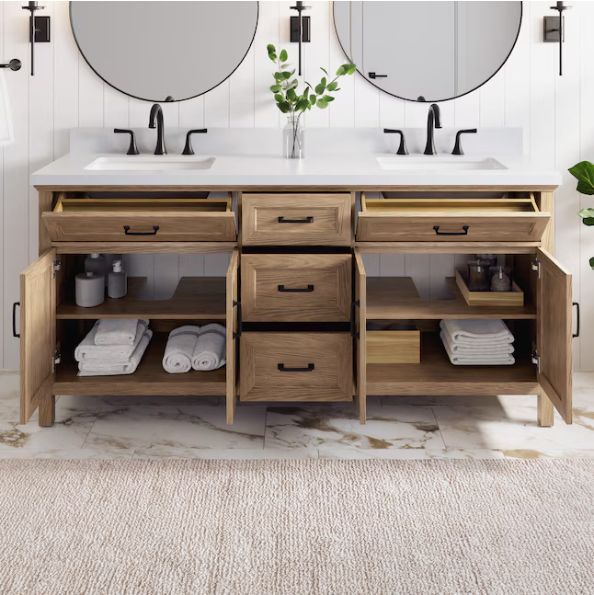 Cantrell 72-in Clear Oak Undermount Double Sink Bathroom Vanity with White Engineered Stone Top