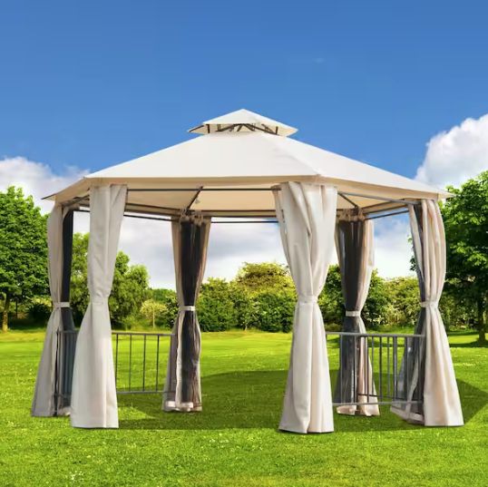 2-Tiered Outdoor Hexagon Garden Gazebo Canopy with Removable Mesh Curtains and UV Sun Protection, Brown