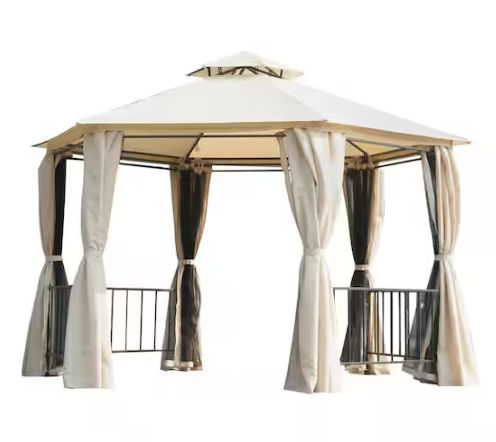 2-Tiered Outdoor Hexagon Garden Gazebo Canopy with Removable Mesh Curtains and UV Sun Protection, Brown