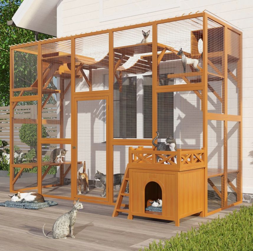 Outdoor Cat Enclosure, Weatherproof Cat House, Natural Wood Cat Playground with Litter Box and Shelves