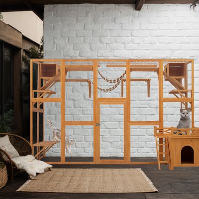 Outdoor Cat Enclosure, Weatherproof Cat House, Natural Wood Cat Playground with Litter Box and Shelves
