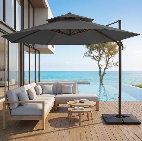 Serwall 11-ft Gray Round Crank Cantilever Patio Umbrella