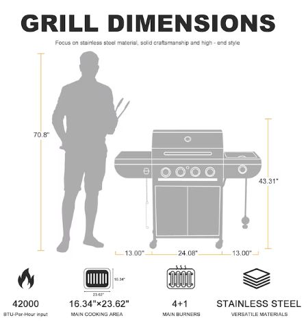R.W.FLAME Silver 4 -Burner Liquid Propane Gas Grill
