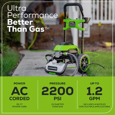 Greenworks 2200-PSI 1.2-GPM Cold Water Electric Pressure washer with 4 Spray Tips