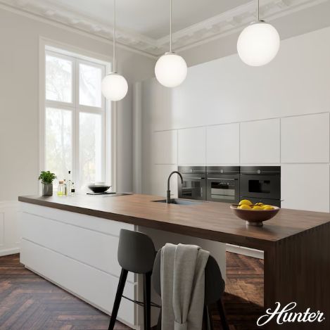 Hunter Hepburn 1 -Light Brushed Nickel Mid-century White glass Globe Medium Hanging Pendant Light