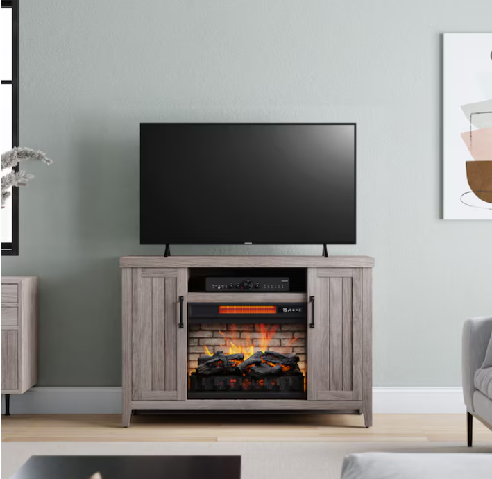Style Selections 48-in W Iron Oak Free standing Infrared quartz Flat Wall Electric Fireplace with Remote Control Included