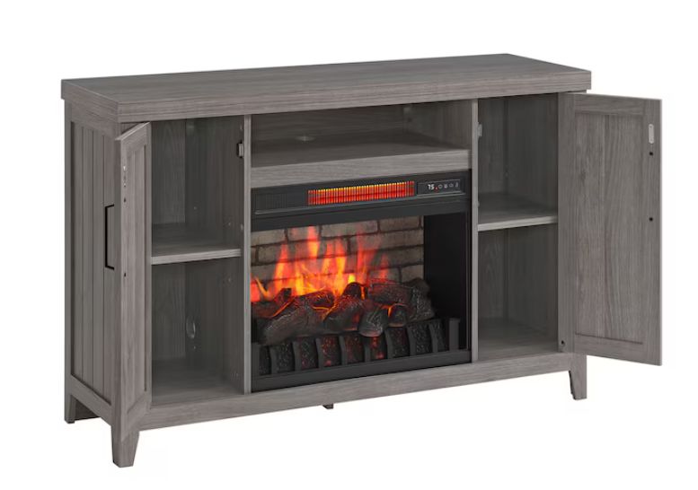 Style Selections 48-in W Iron Oak Free standing Infrared quartz Flat Wall Electric Fireplace with Remote Control Included