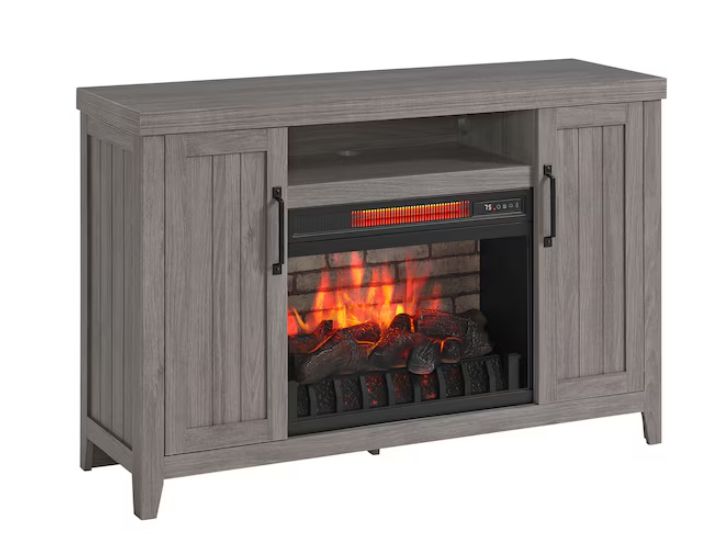 Style Selections 48-in W Iron Oak Free standing Infrared quartz Flat Wall Electric Fireplace with Remote Control Included